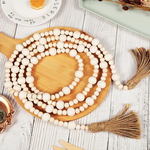 Jetec 23.7 Feet Wood Beaded Garlands with Tassels Christmas Hanging Ornaments Boho Farmhouse Decor Xmas Rustic Wooden Beads Garland for Christmas Table Wall Hanging Decor(Wood Color) in Saudi Arabia