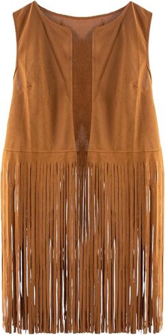 سترة هامشية للنساء غربية، سترة راعية البقر للنساء، سترة بدون أكمام من جلد الغزال الصناعي الهبي للحفلات والسفر، هدايا شخصية (بني) in Kuwait