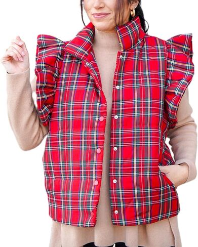 SOLILOQUY Women Christmas Plaid Quilted Vest Ruffle Sleevless High Neck Lightweight Puffer Waistcoat Vest Gingham Padded Coat in Saudi Arabia