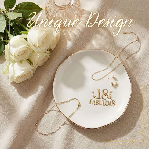 InnoBeta 18th Birthday Gift for Women, Engraved 18 & Fabulous Porcelain Jewelry Dish 4.75" Gold Trim - Ring Trinket Dish - Birthday, Christmas, Graduation Present in Saudi Arabia