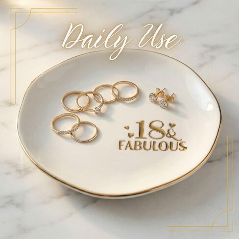 InnoBeta 18th Birthday Gift for Women, Engraved 18 & Fabulous Porcelain Jewelry Dish 4.75" Gold Trim - Ring Trinket Dish - Birthday, Christmas, Graduation Present in Saudi Arabia
