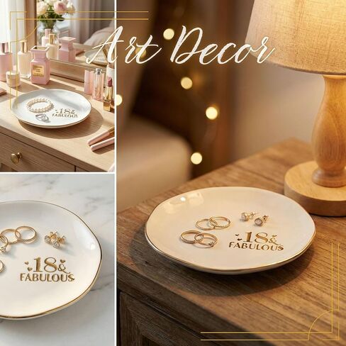 InnoBeta 18th Birthday Gift for Women, Engraved 18 & Fabulous Porcelain Jewelry Dish 4.75" Gold Trim - Ring Trinket Dish - Birthday, Christmas, Graduation Present in Saudi Arabia