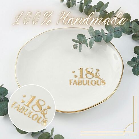 InnoBeta 18th Birthday Gift for Women, Engraved 18 & Fabulous Porcelain Jewelry Dish 4.75" Gold Trim - Ring Trinket Dish - Birthday, Christmas, Graduation Present in Saudi Arabia