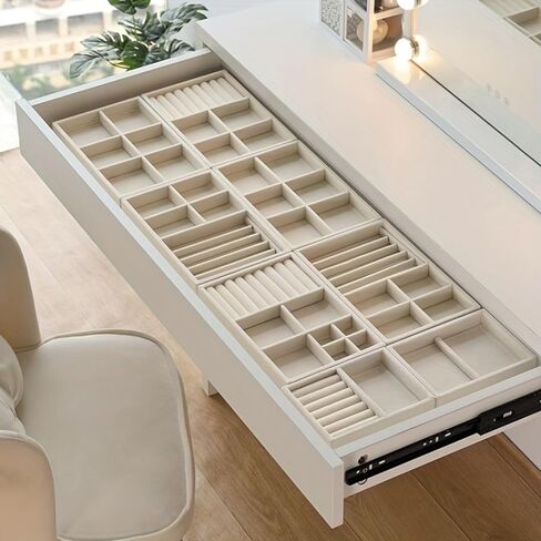 Velvet Jewelry Drawer Organizer Tray – Stackable Jewelry Tray for Earrings, Rings, Necklaces, Bracelets with Removable Dividers for Dresser-9 Grid-Cream in Saudi Arabia