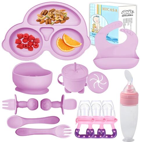 Silicone Baby Feeding Set,Miicasa Baby Led Weaning Supplies Kit With Suction Bowl & Car Plate, Bib, Spoon, Fork, Cup - Food-Grade Silicone, Dishwasher-Safe, No BPAs - For 3+ Months in Saudi Arabia