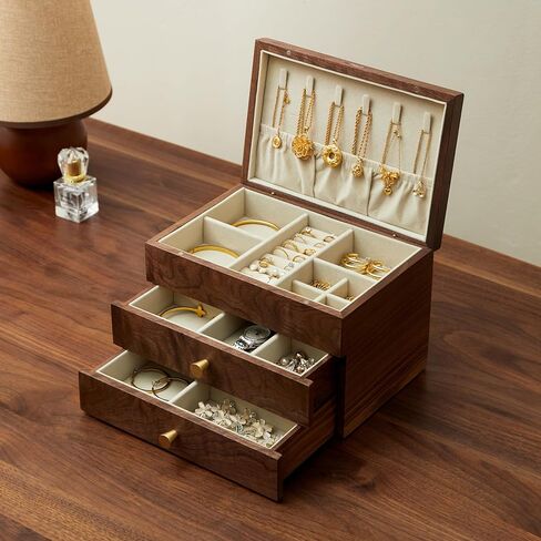 Solid Black Walnut Wood Jewelry Box With Velvet Lining,Personalized Ring and Necklace Box for Women and Girls,Brass Lock and Handle (With lock) in Saudi Arabia