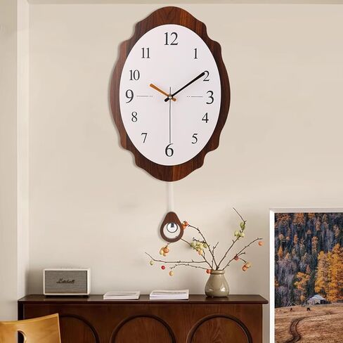 FILLOVE Large Decorative Wall Clock with Pendulum for Living Room, Metal Hands, Orange Accent White Dial, Silent Metal Wall Clock for Living Room, Bedroom, Study, Office in Kuwait