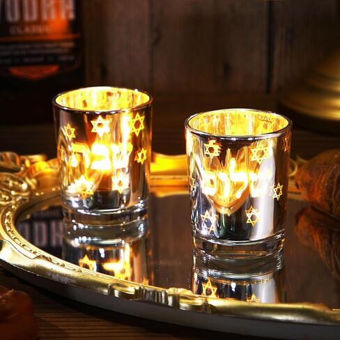 Honeydak Set of 2 Shabbat Candles Holders Silver Jewish Judaica Gift Set Electroplated Glass Modern Shabbat Candlestick Holders for Tea Lights Hanukkah Gifts in Saudi Arabia