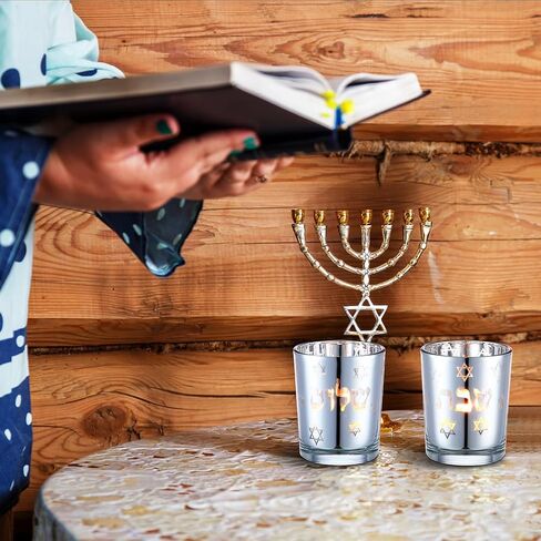 Honeydak Set of 2 Shabbat Candles Holders Silver Jewish Judaica Gift Set Electroplated Glass Modern Shabbat Candlestick Holders for Tea Lights Hanukkah Gifts in Saudi Arabia