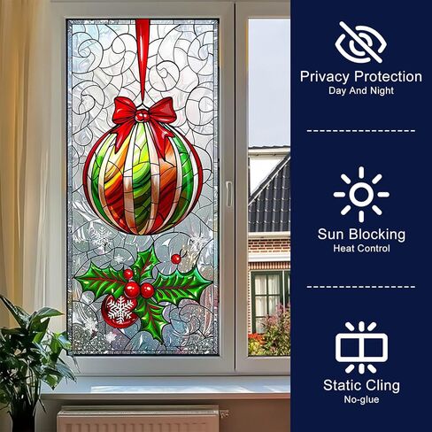 Christmas Ornament Stained Glass Decorative Privacy Film Holiday Window Cling Festive Seasonal Window Sticker for Home Living Room Kitchen 17.7 x 39.3 Inch in Saudi Arabia