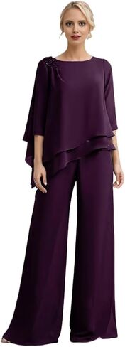 3/4 Sleeves Mother of The Bride Pant Suits for Wedding Lace Appliques Chiffon Long Formal Outfit Sets JH006 in Saudi Arabia