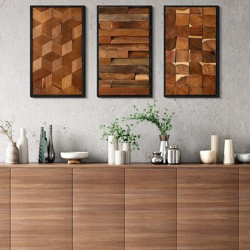 Glenmal 3 Pcs Wood Wall Art Decor 14 x 7 Inch Textured Wooden Wall Art Aesthetic Rustic Cubic Hanging Decor Framed Decorative Farmhouse Bedroom Boho Modern Home Decorations for Living Room in Saudi Arabia