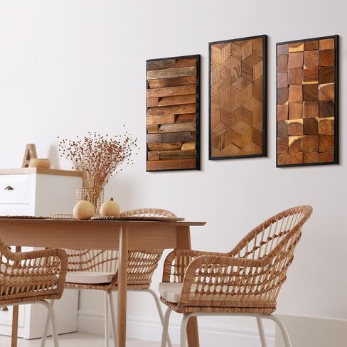 Glenmal 3 Pcs Wood Wall Art Decor 14 x 7 Inch Textured Wooden Wall Art Aesthetic Rustic Cubic Hanging Decor Framed Decorative Farmhouse Bedroom Boho Modern Home Decorations for Living Room in Saudi Arabia
