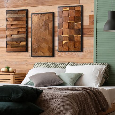 Glenmal 3 Pcs Wood Wall Art Decor 14 x 7 Inch Textured Wooden Wall Art Aesthetic Rustic Cubic Hanging Decor Framed Decorative Farmhouse Bedroom Boho Modern Home Decorations for Living Room in Saudi Arabia