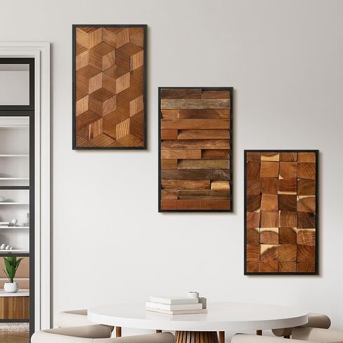 Glenmal 3 Pcs Wood Wall Art Decor 14 x 7 Inch Textured Wooden Wall Art Aesthetic Rustic Cubic Hanging Decor Framed Decorative Farmhouse Bedroom Boho Modern Home Decorations for Living Room in Saudi Arabia