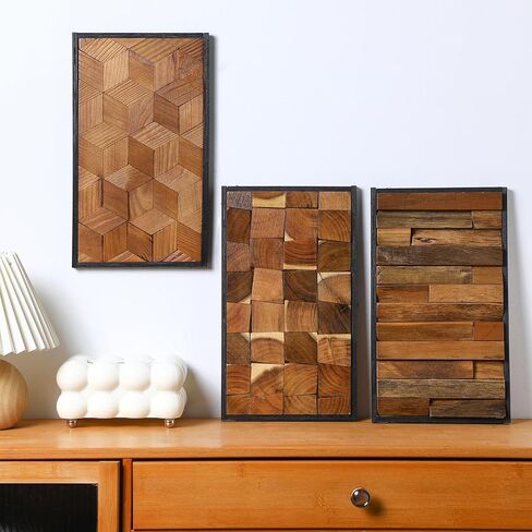 Glenmal 3 Pcs Wood Wall Art Decor 14 x 7 Inch Textured Wooden Wall Art Aesthetic Rustic Cubic Hanging Decor Framed Decorative Farmhouse Bedroom Boho Modern Home Decorations for Living Room in Saudi Arabia
