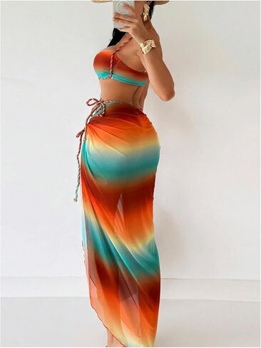 WDIRARA Women's 3 Piece Bikini Set Ombre Twist Ruched Swimsuit with Split Beach Skirt in Saudi Arabia