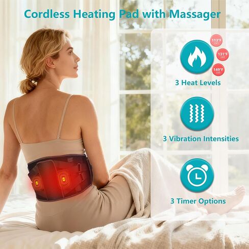 Cordless Heating Pad with Massager for Back Pain Relief, Portable Lower Back Massager 3 Heat 3 Vibration 3 Timer for Cramps, 44-60" Wearable & Rechargeable Heating Pad, Gift for Women Men Mom Dad in Saudi Arabia