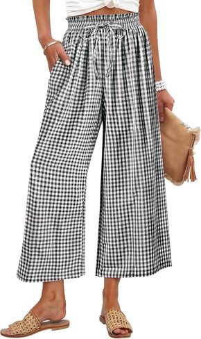 ANRABESS Womens Striped Gingham Palazzo Capri Pants Pajama Wide Leg Lounge Trousers Plaid Cute Crop PJ Bottoms with Pockets in Saudi Arabia