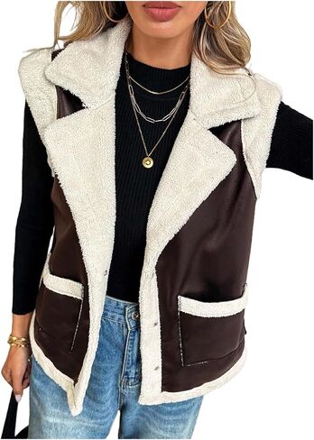 MakeMeChic Women's PU Leather Fuzzy Vest Open Front Sleeveless Pocket Warm Jacket in Kuwait