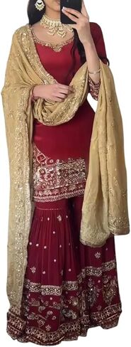 STUDIO_KALANTARAN Women's Faux Georgette Embroidered Straight Kurti With Sharara and Dupatta Set in Saudi Arabia