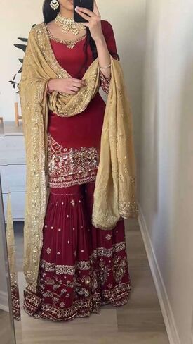 STUDIO_KALANTARAN Women's Faux Georgette Embroidered Straight Kurti With Sharara and Dupatta Set in Saudi Arabia