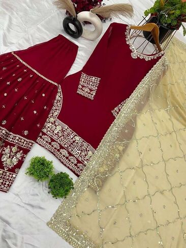 STUDIO_KALANTARAN Women's Faux Georgette Embroidered Straight Kurti With Sharara and Dupatta Set in Saudi Arabia