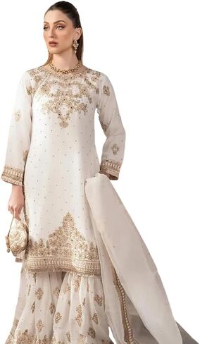 STUDIO_KALANTARAN Women's Faux Georgette Embroidered Straight Kurti With Sharara and Dupatta Set in Saudi Arabia