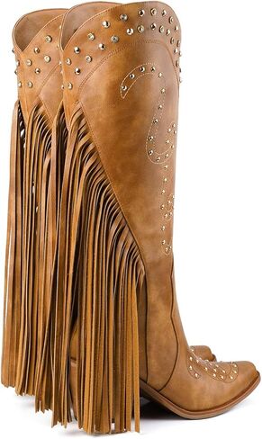 Cowboy Boots for Women Fringe Knee High Cowgirl Boots | Rivet & Rhinestone Studded, Pointed Toe, Comfy Chunky Block Heel, Fashion Western Boot, Footwear for Country Music Festival in Saudi Arabia