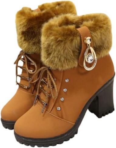 Women's Leather Mid Block Heel Ankle Boots Fashion Rhinestones Buckle Decor Comfort Warm Fur Lined Side Zipper Chunky Heels Lace Up Block Snow Boots in Saudi Arabia