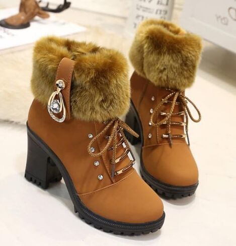 Women's Leather Mid Block Heel Ankle Boots Fashion Rhinestones Buckle Decor Comfort Warm Fur Lined Side Zipper Chunky Heels Lace Up Block Snow Boots in Saudi Arabia