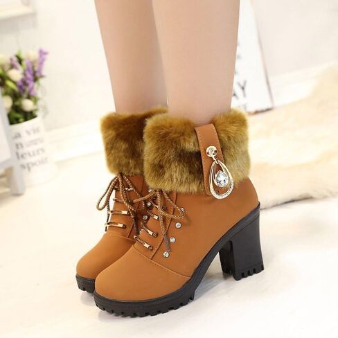 Women's Leather Mid Block Heel Ankle Boots Fashion Rhinestones Buckle Decor Comfort Warm Fur Lined Side Zipper Chunky Heels Lace Up Block Snow Boots in Saudi Arabia