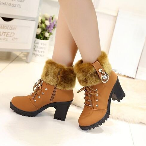 Women's Leather Mid Block Heel Ankle Boots Fashion Rhinestones Buckle Decor Comfort Warm Fur Lined Side Zipper Chunky Heels Lace Up Block Snow Boots in Saudi Arabia