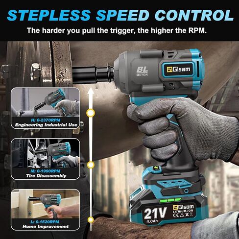 مفتاح التأثير اللاسلكي ، 1/2 تأثير Gun Max. 886 قدم رطل (1200N.M) ، مفاتيح تأثير الطاقة مع 2 × 4.0AH LI-ION وشاحن سريع لإطارات شاحنة السيارات in Saudi Arabia