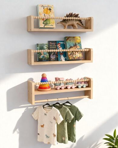Nursery Floating Shelves for Wall, Set of 3 Wood Baby Floating Book Shelf, Wall Mounted Organizer Shelves with Towel Bar, Nursery Wall Decor Furniture for Kids Rooms, Bedroom, Toddler Room (Natural) in Saudi Arabia