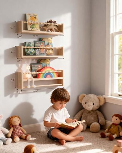 Nursery Floating Shelves for Wall, Set of 3 Wood Baby Floating Book Shelf, Wall Mounted Organizer Shelves with Towel Bar, Nursery Wall Decor Furniture for Kids Rooms, Bedroom, Toddler Room (Natural) in Saudi Arabia