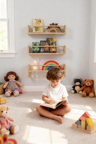 Nursery Floating Shelves for Wall, Set of 3 Wood Baby Floating Book Shelf, Wall Mounted Organizer Shelves with Towel Bar, Nursery Wall Decor Furniture for Kids Rooms, Bedroom, Toddler Room (Natural) in Saudi Arabia