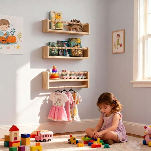 Nursery Floating Shelves for Wall, Set of 3 Wood Baby Floating Book Shelf, Wall Mounted Organizer Shelves with Towel Bar, Nursery Wall Decor Furniture for Kids Rooms, Bedroom, Toddler Room (Natural) in Saudi Arabia