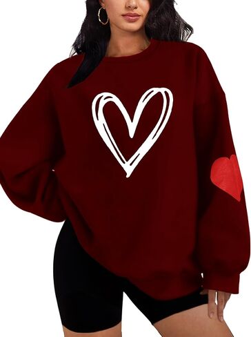 Womens Valentines Day Sweatshirt-Heart Printed Long Sleeve Crewneck Pullover Oversized Sweatshirts in Saudi Arabia
