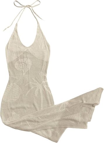 WDIRARA Women's Halter Crochet Cover Up Dress Hollow Out Long Beach Dress Coverups in Saudi Arabia
