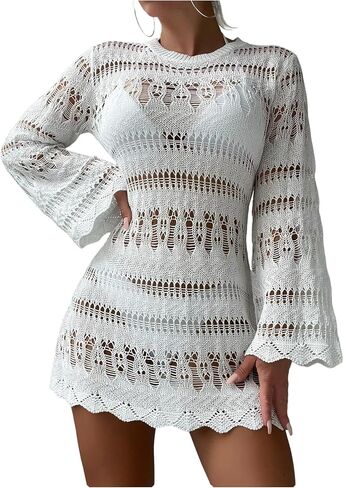 OYOANGLE Women's Crochet Bathing Suit Cover Up Long Bell Sleeve Beach Dress Swimsuit Coverup in Saudi Arabia