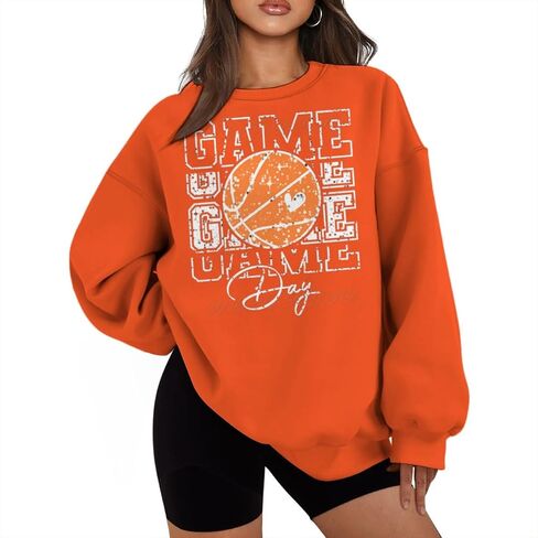 Basketball Game Day Oversized Graphic Sweatshirts for Women Funny Print Long Sleeve Tops Plus Size in Kuwait