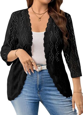 Eytino Plus Size Cardigan for Women Summer Casual Loose Half Sleeve Knit Jacquard Fashion Lace Open Front Tops(1X-5X) in Saudi Arabia