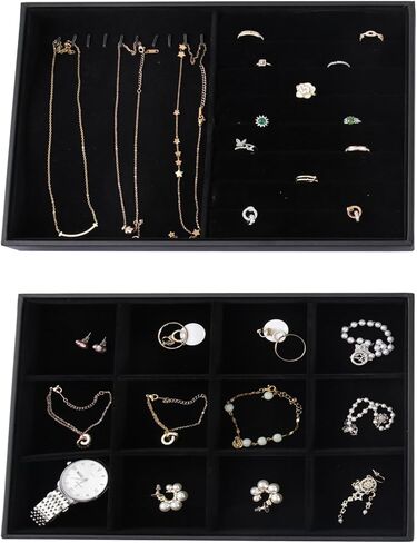 Stackable Jewelry Organizer Tray, Large Stacking Jewelry Drawer Insert, Velvet Jewelry Accessories Desktop Storage for Earring Necklace Bracelet Rings(Black) in Saudi Arabia