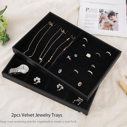 Stackable Jewelry Organizer Tray, Large Stacking Jewelry Drawer Insert, Velvet Jewelry Accessories Desktop Storage for Earring Necklace Bracelet Rings(Black) in Saudi Arabia