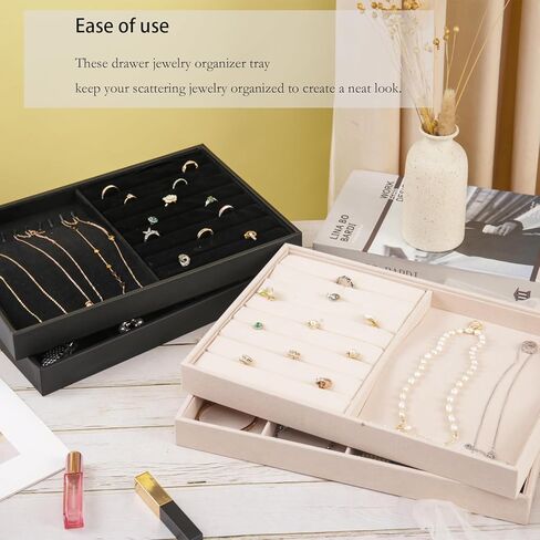 Stackable Jewelry Organizer Tray, Large Stacking Jewelry Drawer Insert, Velvet Jewelry Accessories Desktop Storage for Earring Necklace Bracelet Rings(Black) in Saudi Arabia