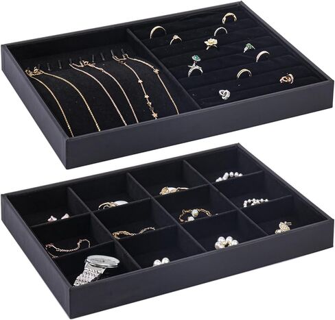 Stackable Jewelry Organizer Tray, Large Stacking Jewelry Drawer Insert, Velvet Jewelry Accessories Desktop Storage for Earring Necklace Bracelet Rings(Black) in Saudi Arabia