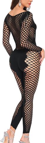 Womens Sexy Bodycon Jumpsuits Sheer Mesh Grid Off Shoulder Full Body Jumpsuit for Women Openwork Knit One Piece with Coverage Panels Long Romper Long Sleeve Catsuit Unitard in Saudi Arabia