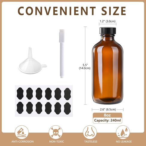 12 Pack 8 oz Amber Glass Boston Bottle With Black Poly Cap, Funnel, Chalk Labels, Pen, Dispensing Bottles for Homemade Vanilla Extract, Essential Oils, Herbal Medicine, Wedding Christmas Decor in Saudi Arabia