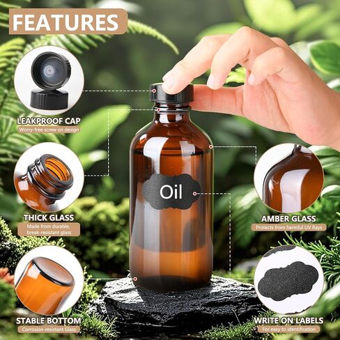 12 Pack 8 oz Amber Glass Boston Bottle With Black Poly Cap, Funnel, Chalk Labels, Pen, Dispensing Bottles for Homemade Vanilla Extract, Essential Oils, Herbal Medicine, Wedding Christmas Decor in Saudi Arabia